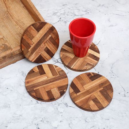 Circle Shaped Handcrafted Wooden Coasters - Pack of 4